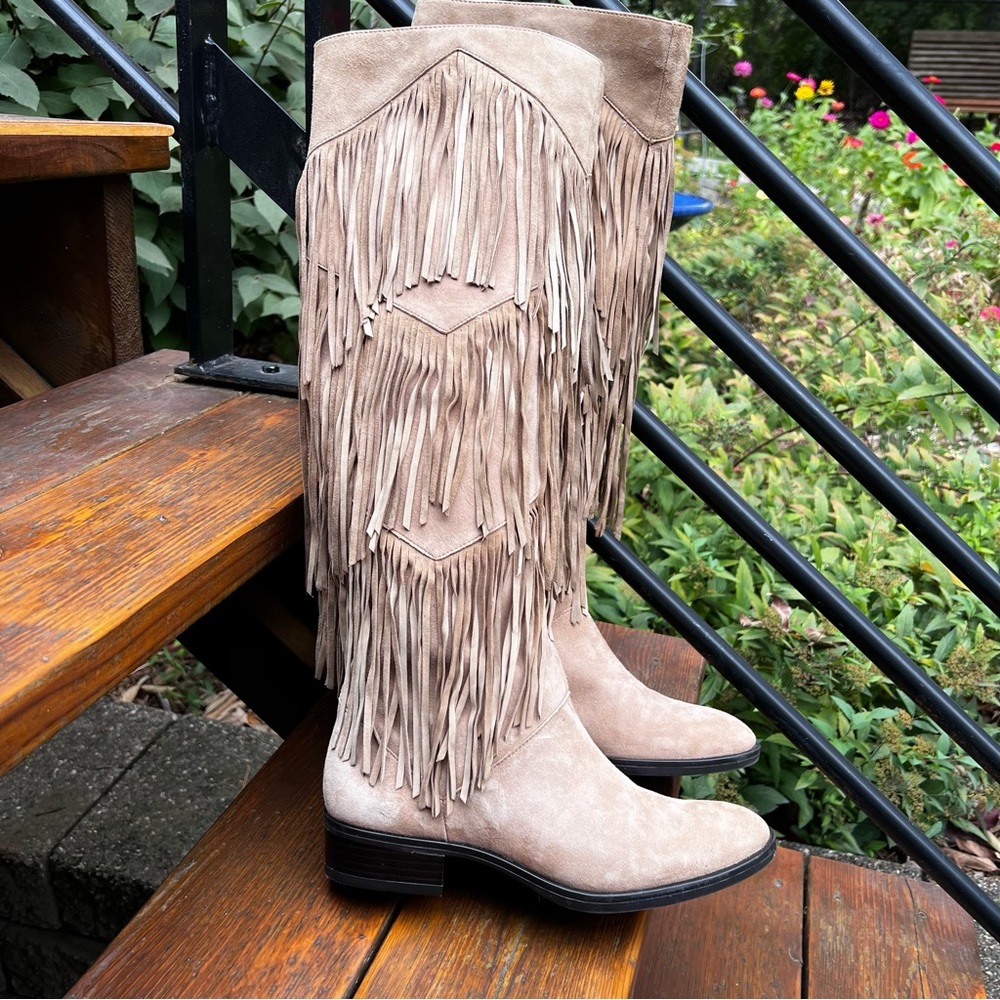 SAM EDELMAN PENDRA FRINGE TAN SUEDE WESTERN BOOTS SIZE 8